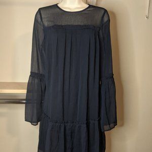 H&M Navy Boho Dress with Sheer Neckline and Bell Sleeves